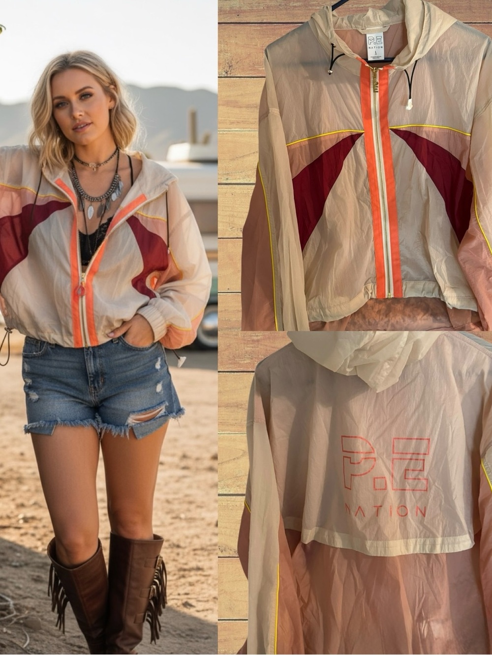 P.E Nation Extend Colorblock Hooded Windbreaker In Blush Burgundy Orange Large